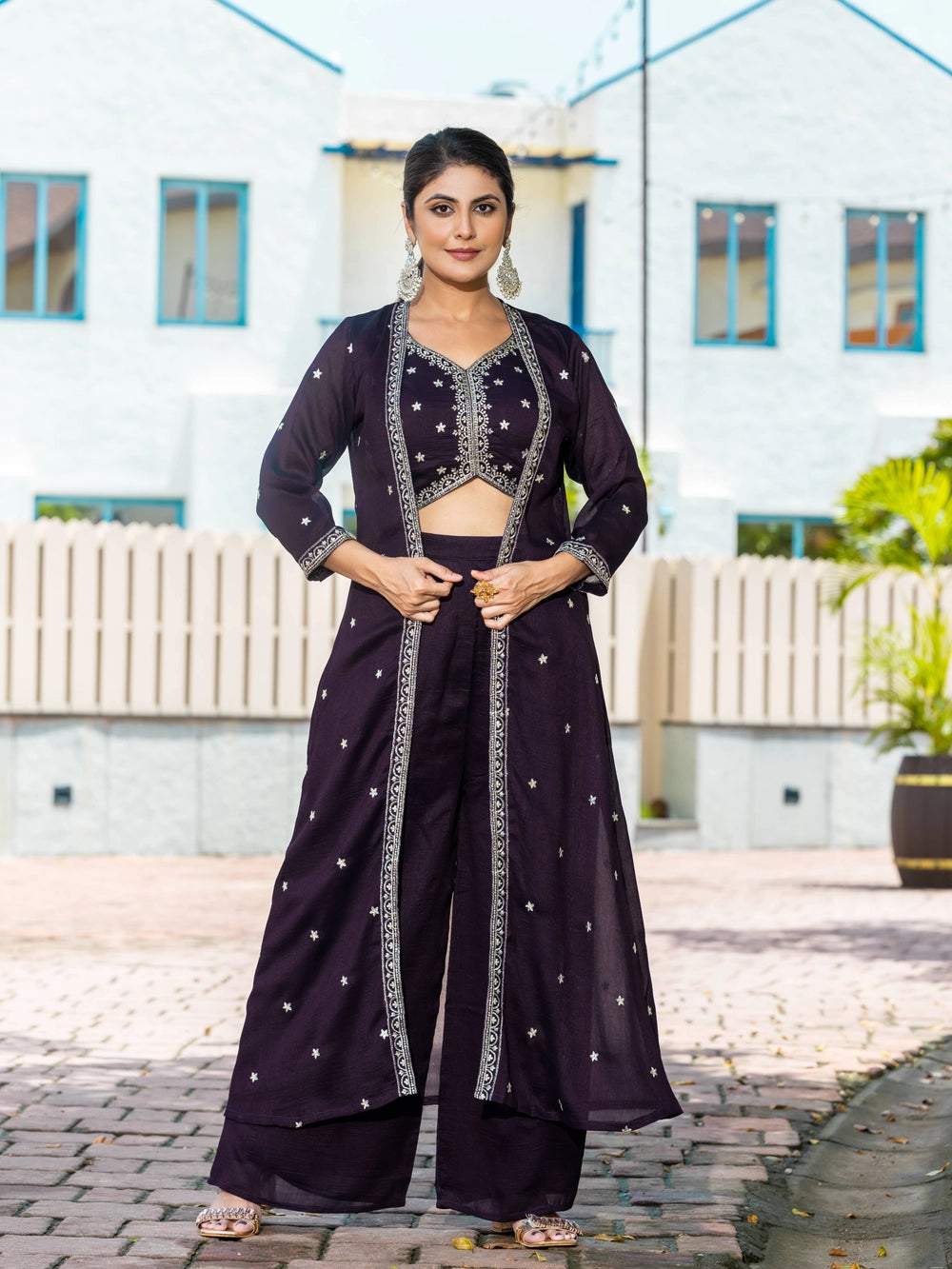 Violet Vichitra Silk Top Bottom With Shrug - Rheycart
