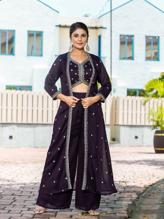 Violet Vichitra Silk Top Bottom With Shrug - Rheycart