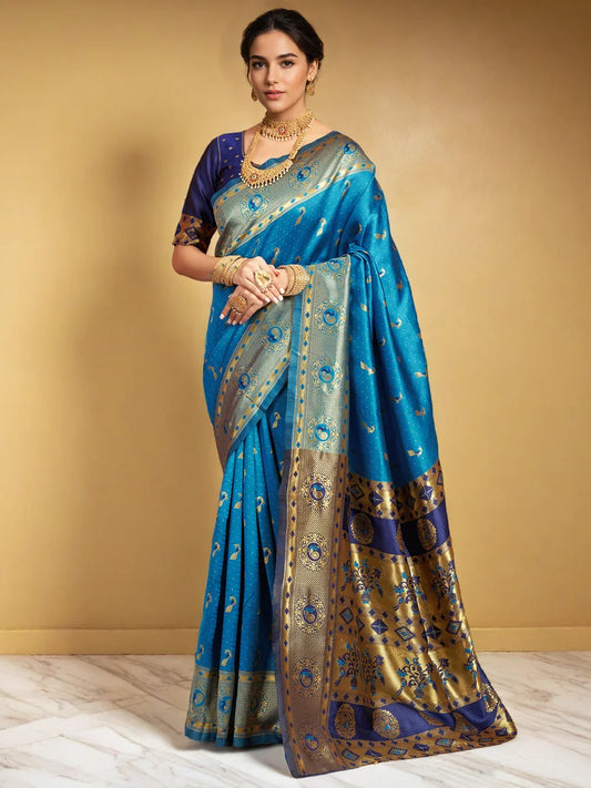 Blue Zari Weaving Silk Paithani Saree - Rheycart