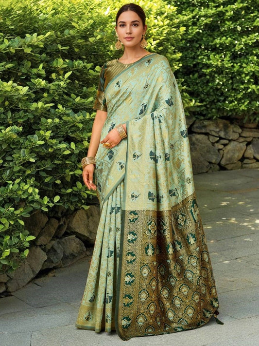 Mint Green Banarasi Woven Silk Saree - Rheycart