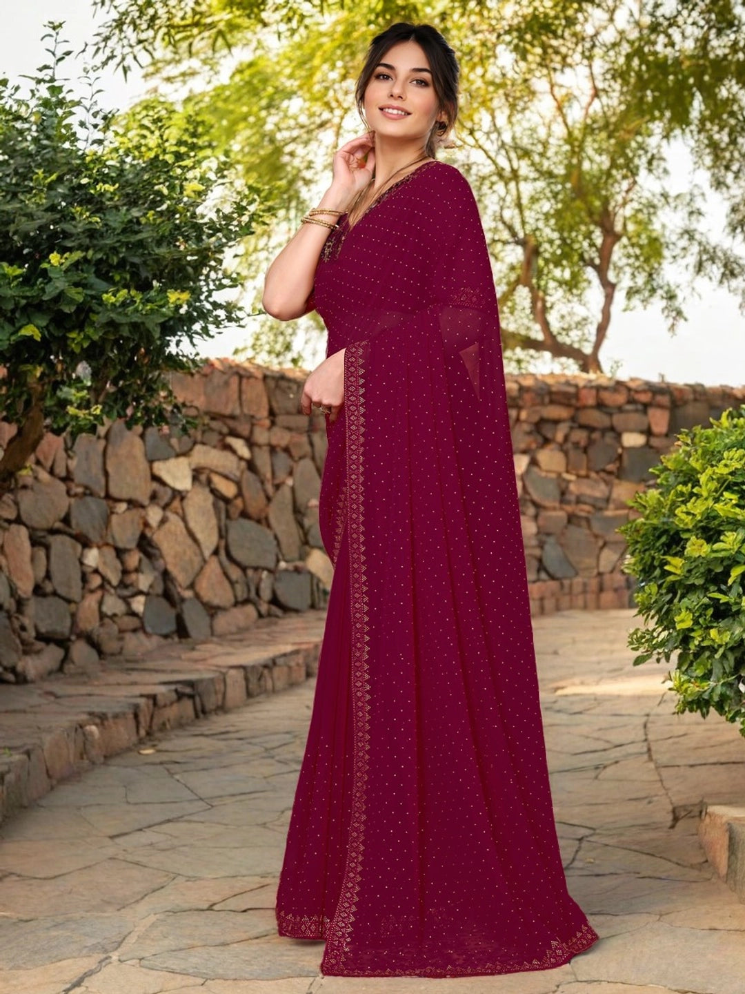 Pure Georgette Saree With Stone Work - Rheycart