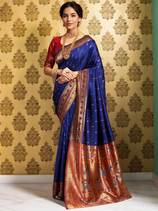 Silk Blend Navy Blue Paithani Saree With Peacock Motif Pallu - Rheycart