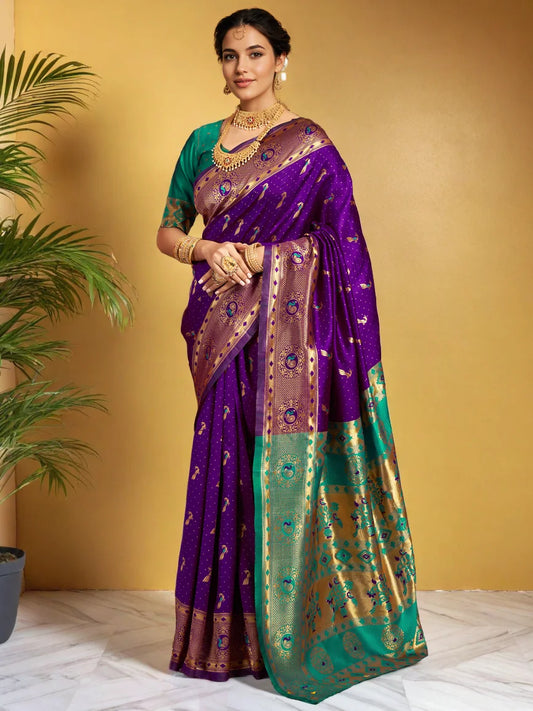 Purple Paithani Silk Saree With Peacock Motif Pallu - Rheycart
