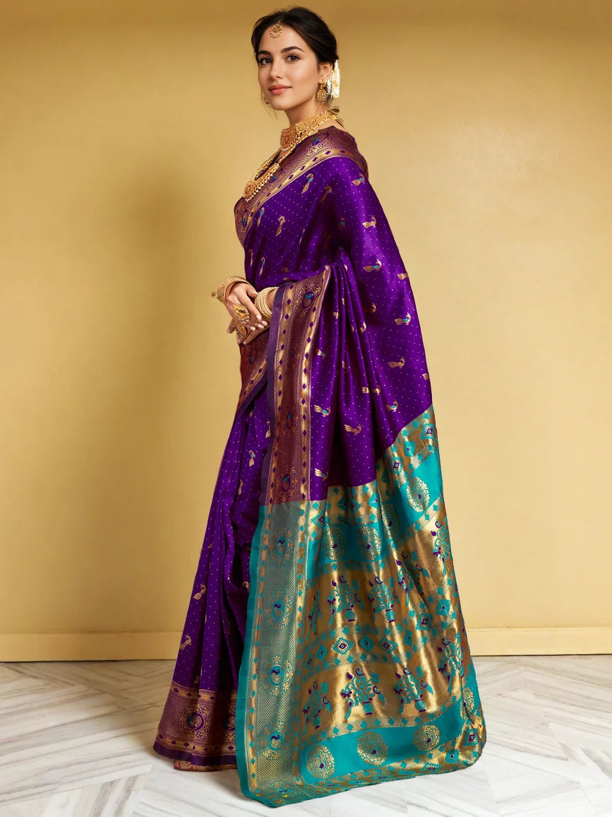 Purple Paithani Silk Saree With Peacock Motif Pallu - Rheycart