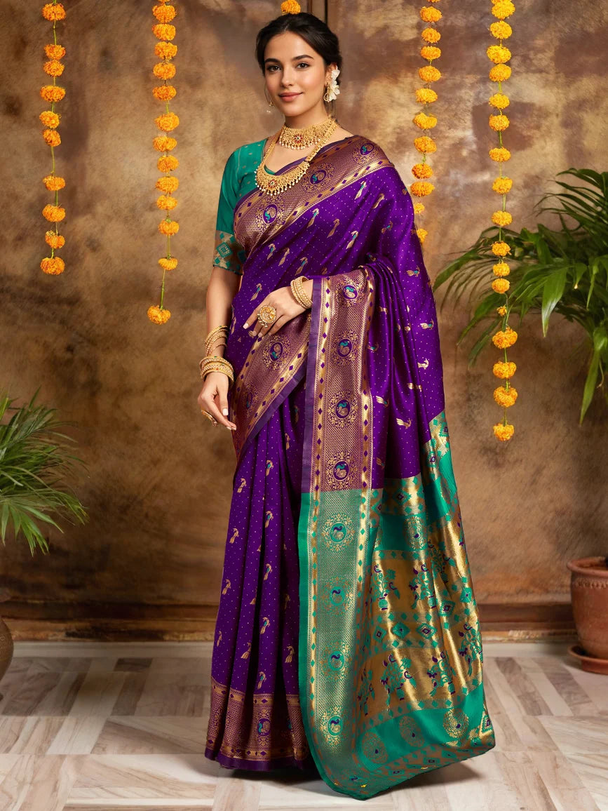 Purple Paithani Silk Saree With Peacock Motif Pallu - Rheycart