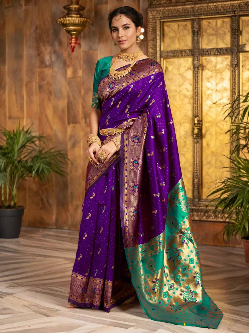 Purple Paithani Silk Saree With Peacock Motif Pallu - Rheycart