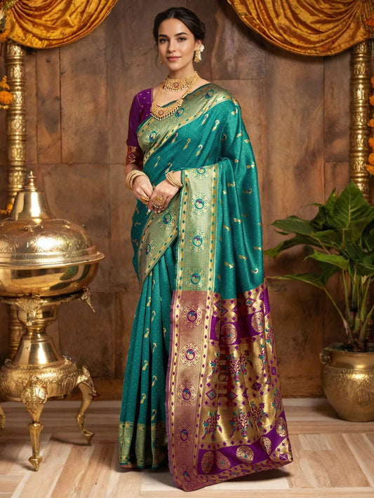 Teal Green Zari Weaving Paithani Silk Saree - Rheycart