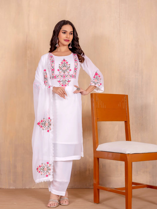 White Faux Georgette Embroidery work Kurti Set - Rheycart