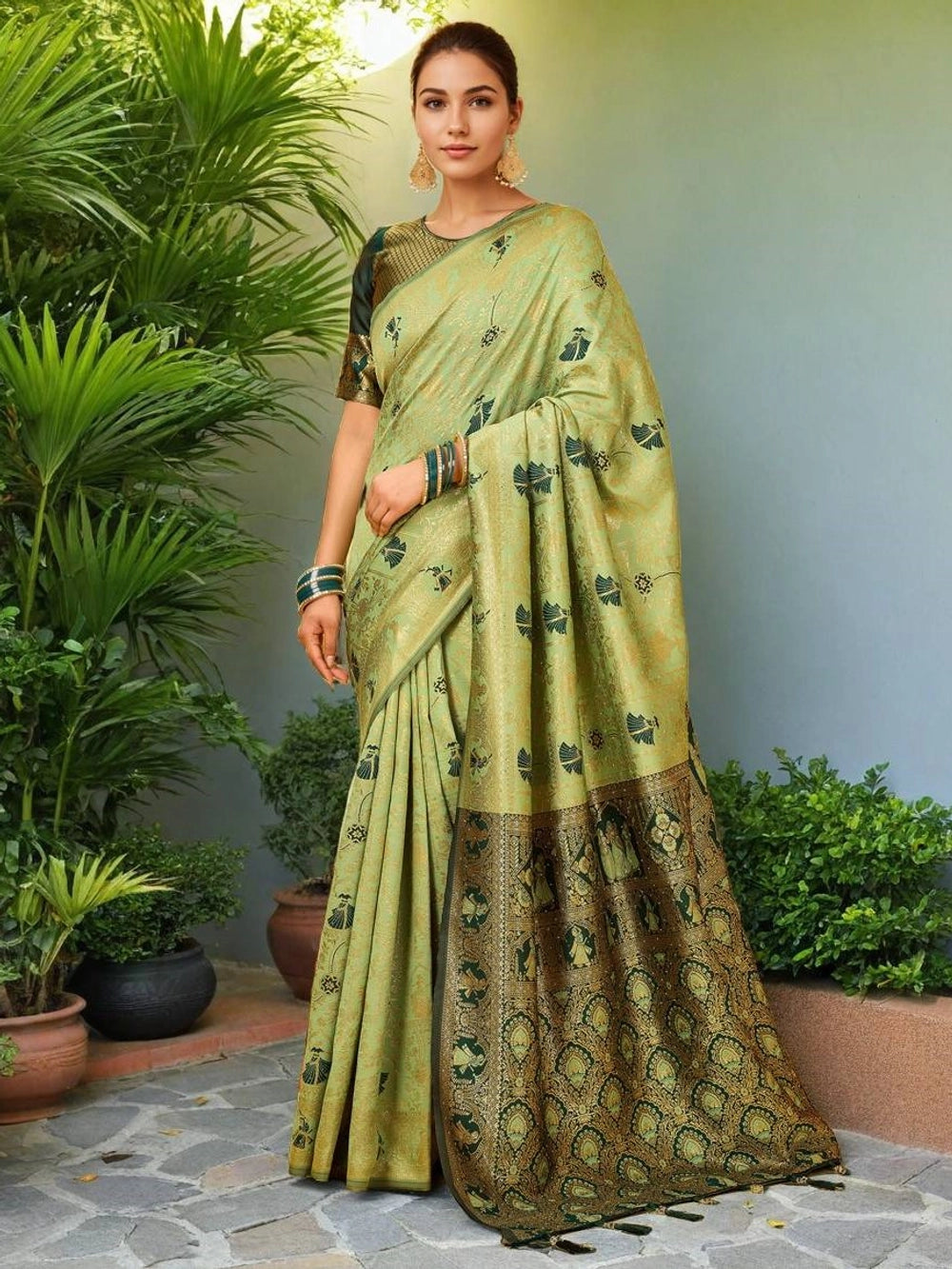 Light Green Woven Banarasi Silk Saree - Rheycart