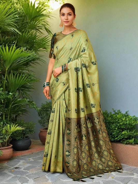 Light Green Woven Banarasi Silk Saree - Rheycart