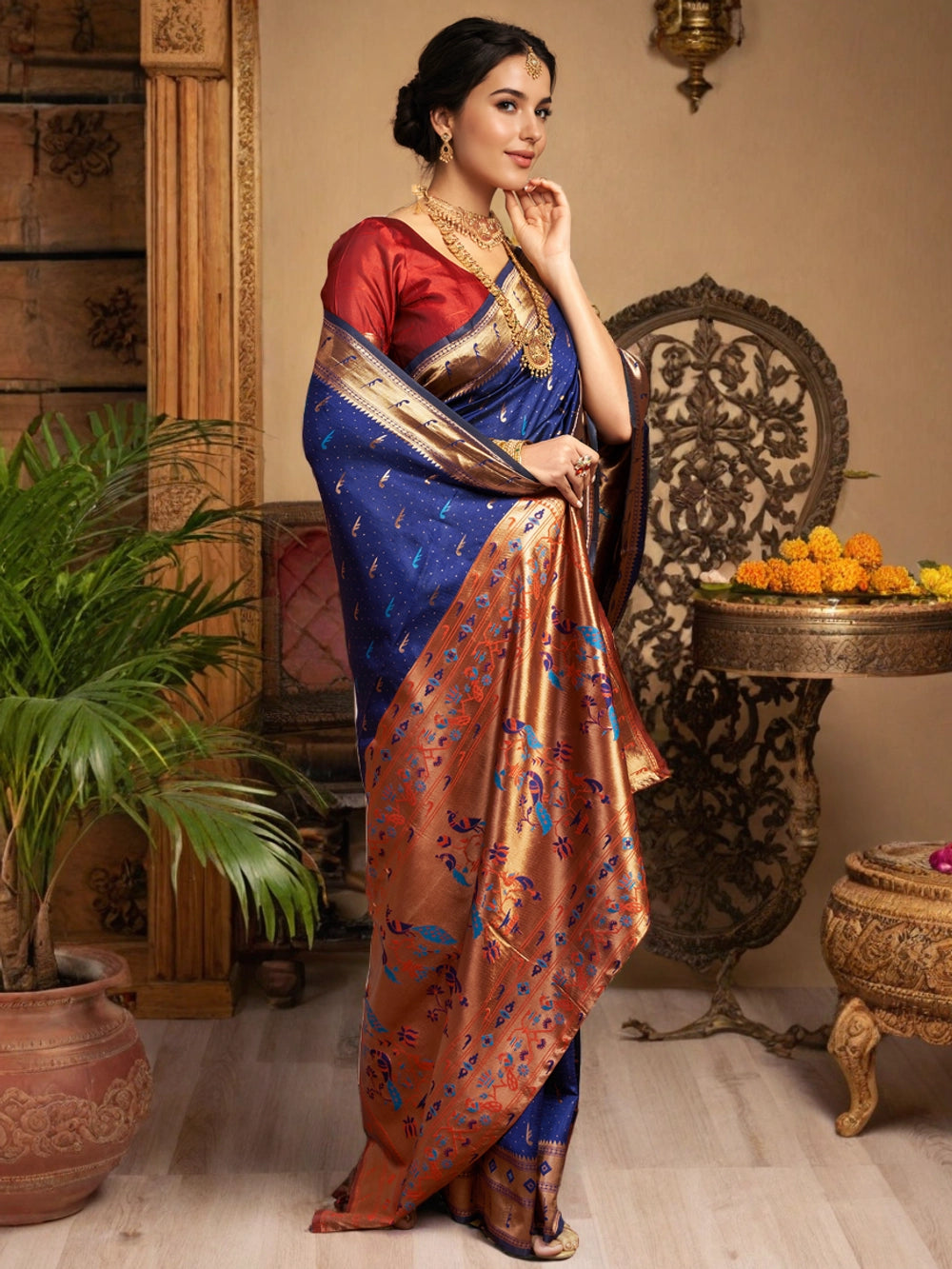 Silk Blend Navy Blue Paithani Saree With Peacock Motif Pallu - Rheycart