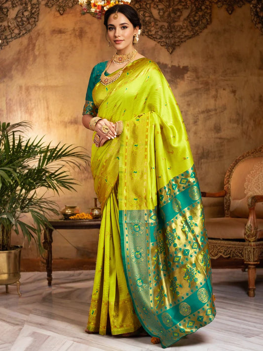 Lime Green Zari Weaving Paithani Silk Saree - Rheycart