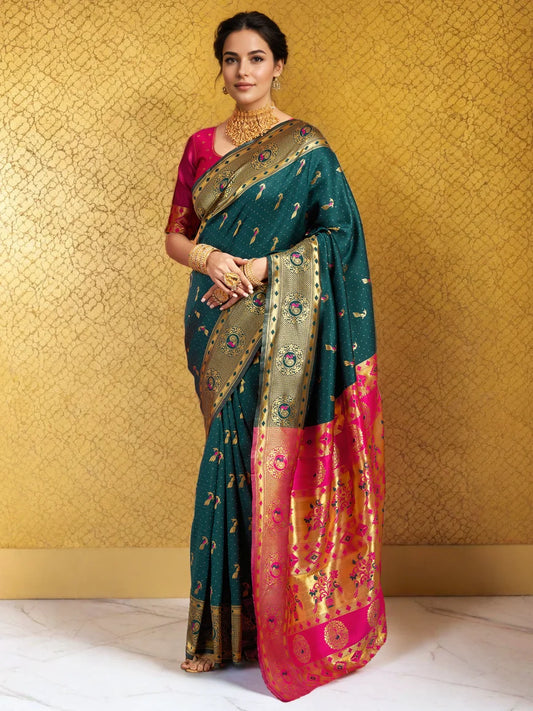 Teal Blue Silk Blend Paithani Saree - Rheycart