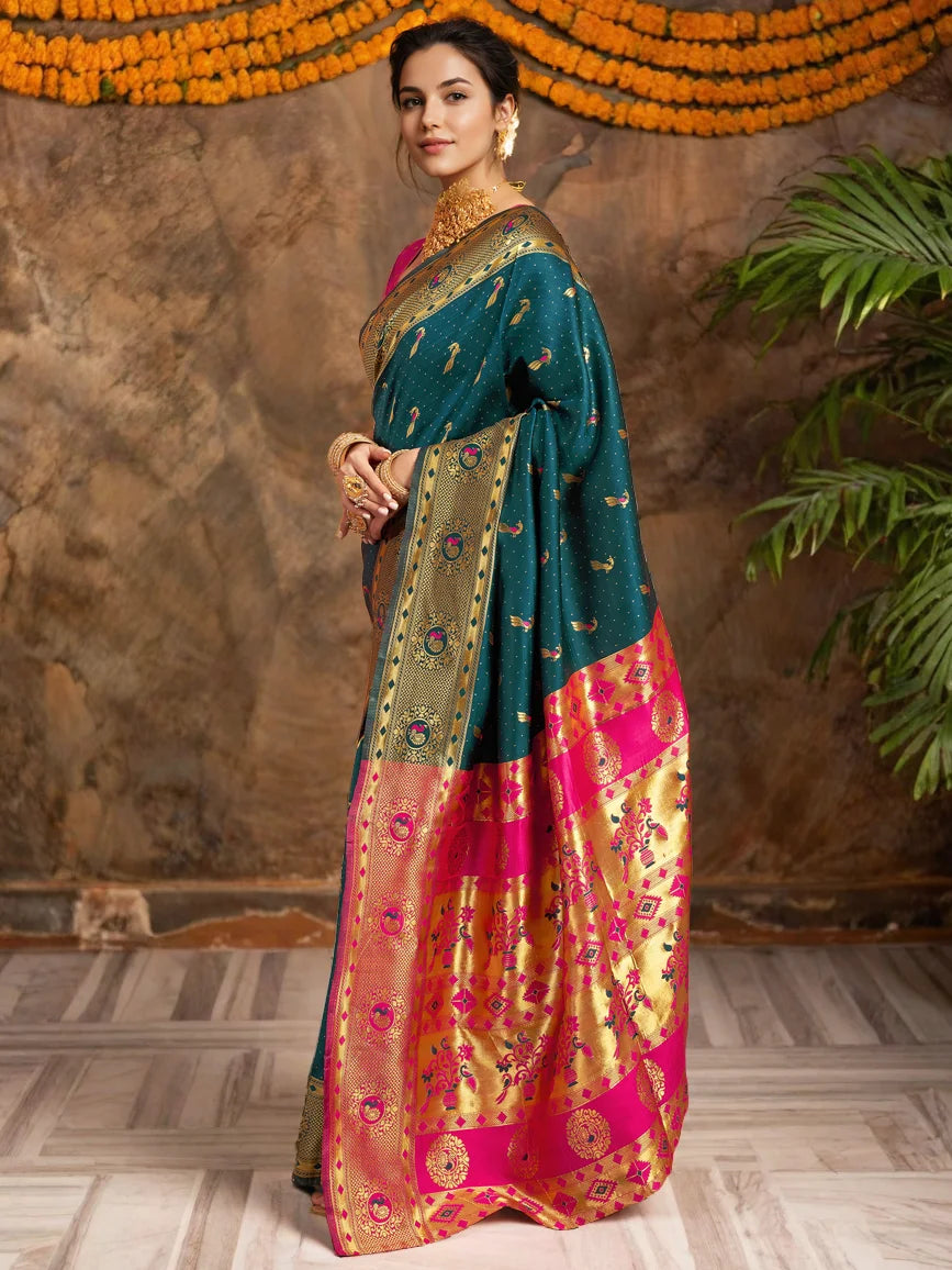 Teal Blue Silk Blend Paithani Saree - Rheycart