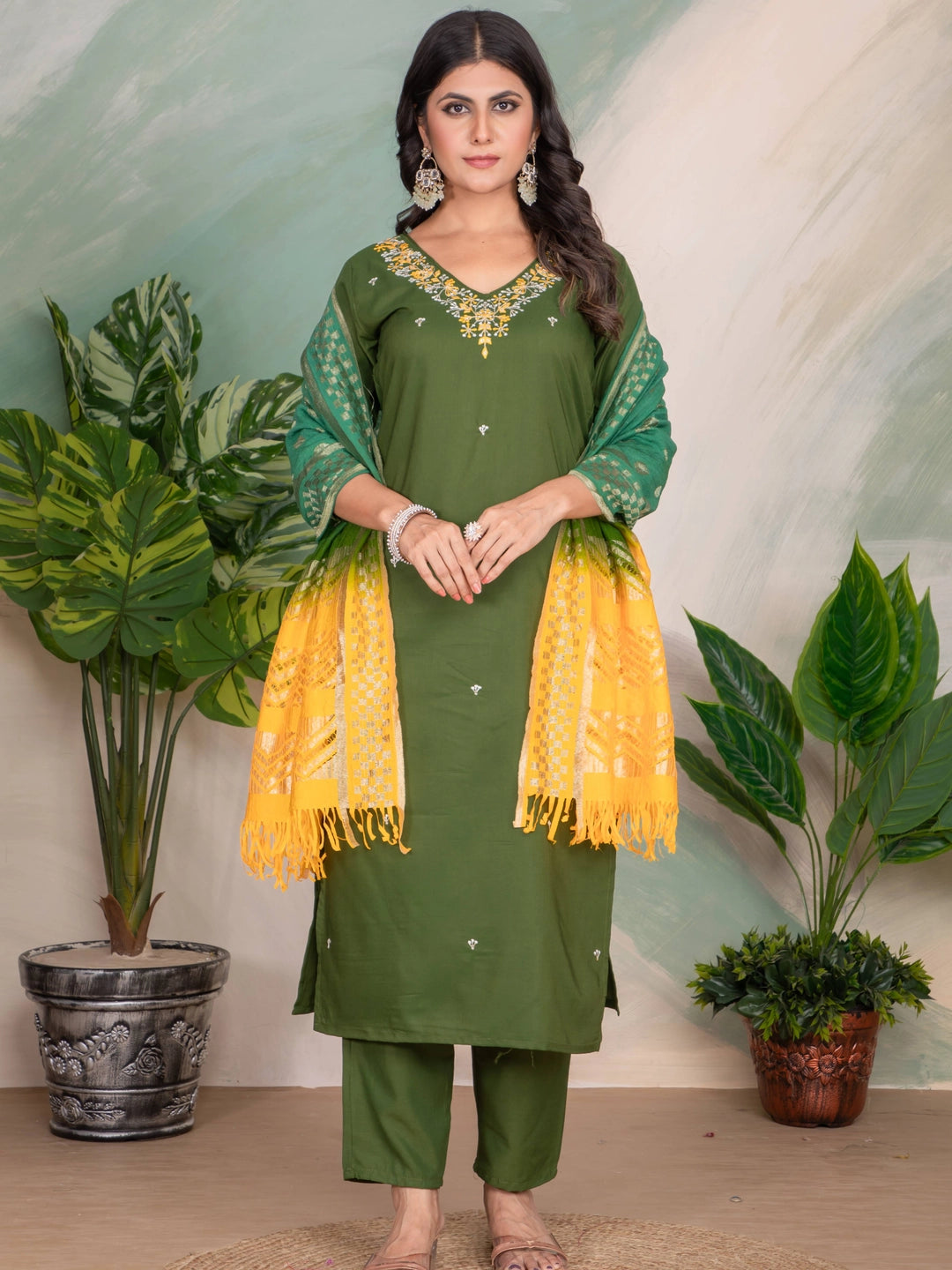 Mehendi Color Embroidery Work Straight Kurti Set - Rheycart