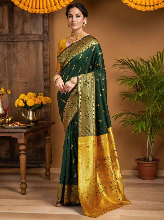 Silk Blend Dark Green Paithani Saree - Rheycart