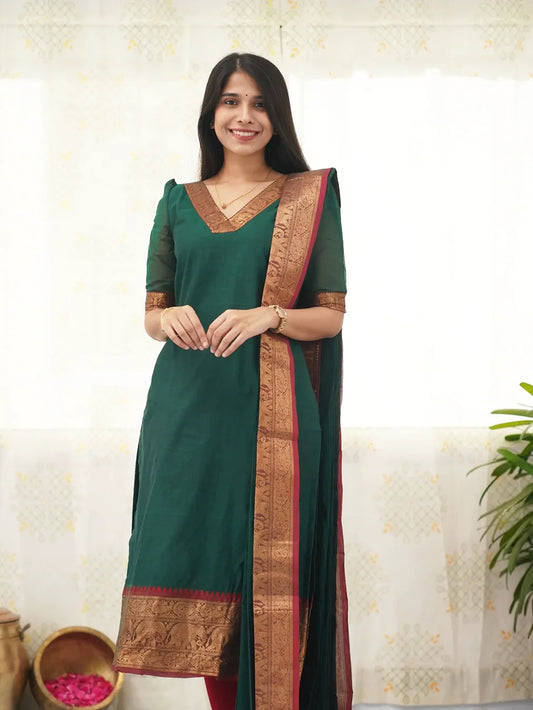 Green Kanchi Cotton V Neck Kurti And Dupatta - Rheycart