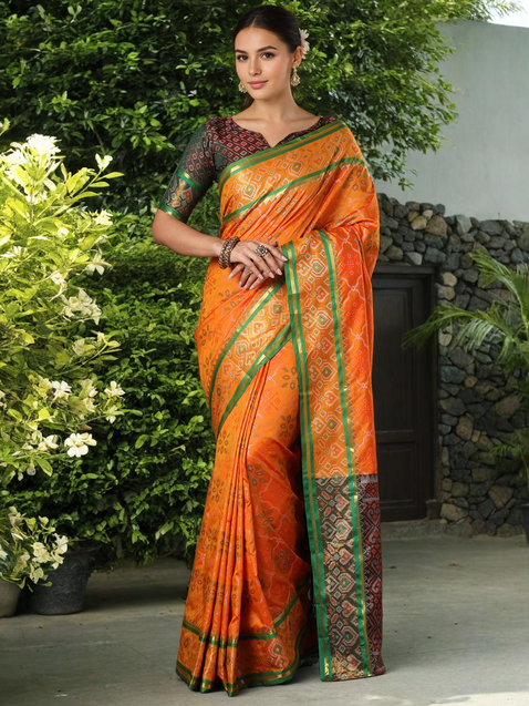 Silk Patola Weaving Orange Saree For Any Special Occasion