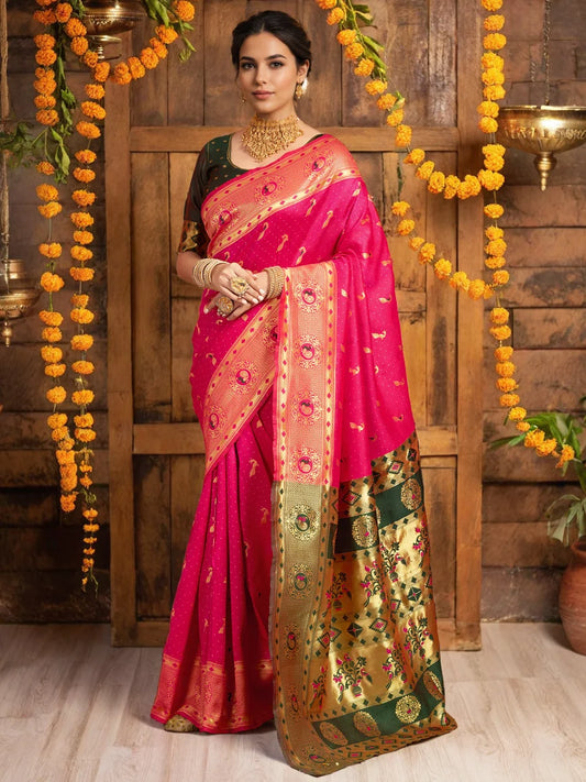 Rani Pink Paithani Silk Saree With Zari Weaving Work - Rheycart