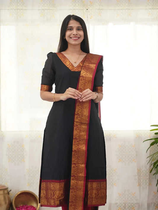 Kanchi Cotton V Neck Black Kurti And Dupatta - Rheycart