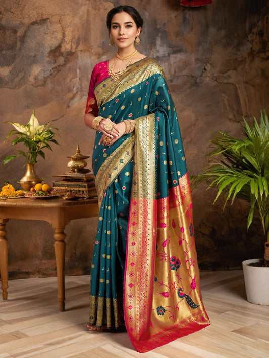 Teal Green Silk Saree with Floral Embroidery and Zari - Rheycart