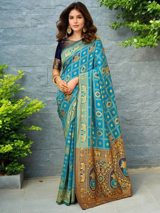 Teal Blue Paithani Silk Saree For Women - Rheycart