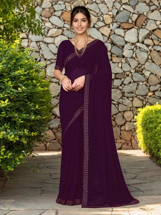 Wine Georgette Stone Work Women Saree - Rheycart