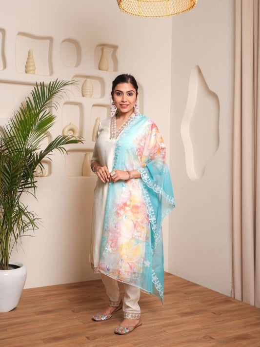 Off White V Neck Kurta Set With Dupatta - Rheycart