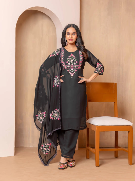 Faux Georgette Embroidery work Black Kurti Set - Rheycart