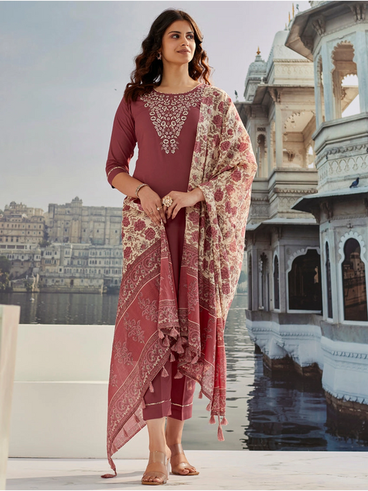 Embroidered Maroon Cotton Silk Kurta Set with Floral Dupatta - Rheycart
