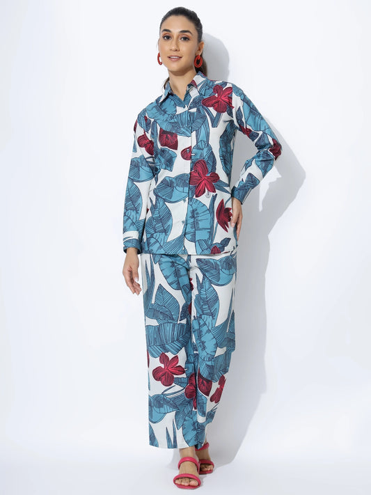 Blue Floral Printed Cotton Rayon Co-ord Set - Rheycart