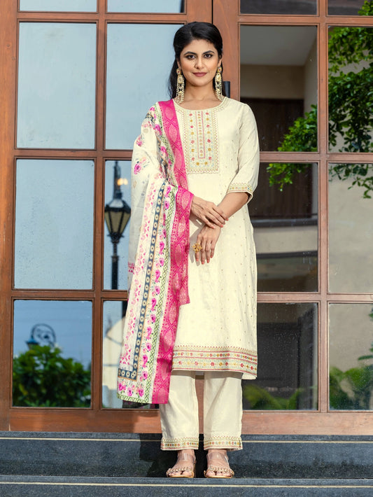 Off White Embroidered Cotton Kurti Set with Dupatta - Rheycart