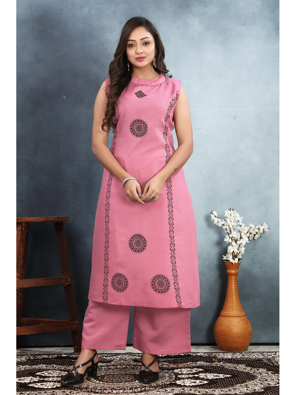 Roman Silk Pink Kurti Set For Women - Rheycart