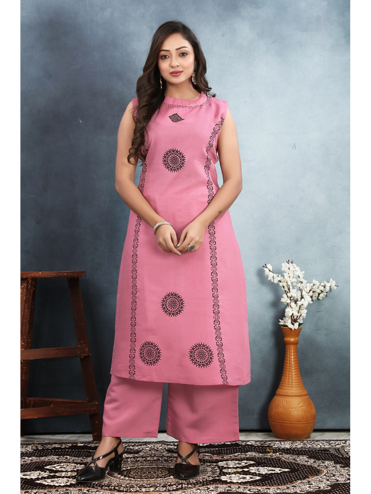 Roman Silk Pink Kurti Set For Women - Rheycart