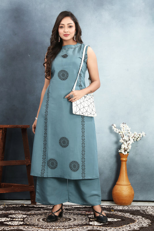 A-Line Roman Silk Blue Kurti Set - Rheycart