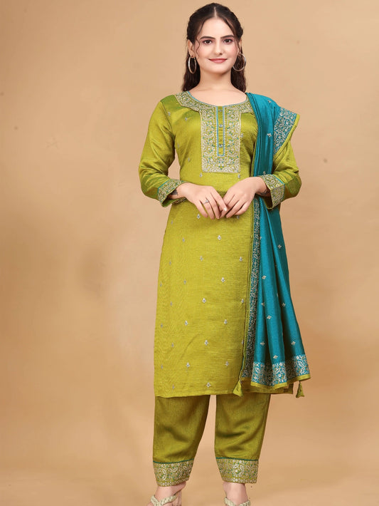 Vichitra Silk Lime Green Women Kurti Set - Rheycart