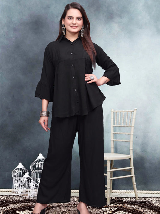 Black Crinkle Cotton Co-ord Set For Women - Rheycart