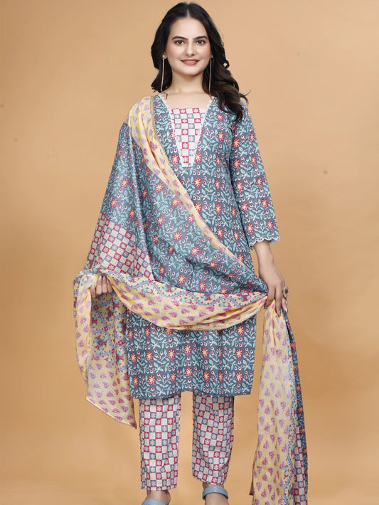 Floral Printed Gray Cotton Kurti Set With Dupatta - Rheycart