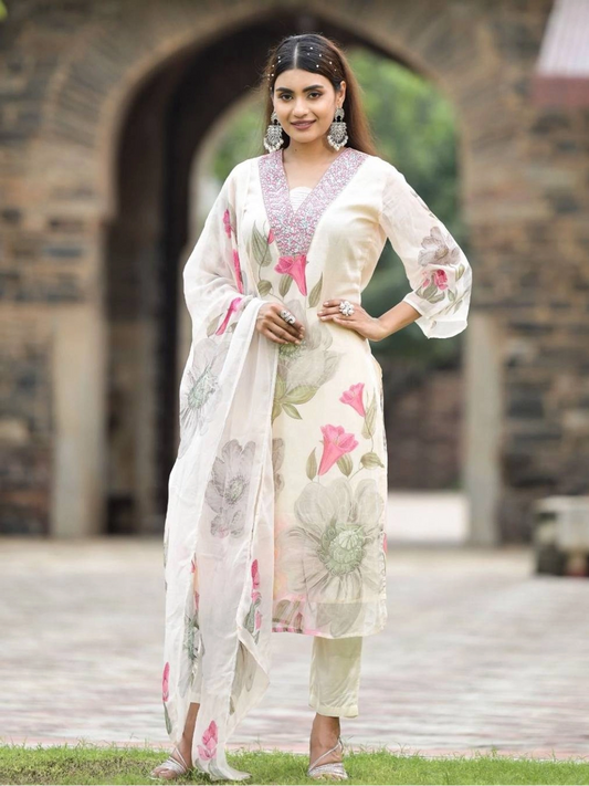 Floral Printed Georgette White Kurti Set With Dupatta - Rheycart