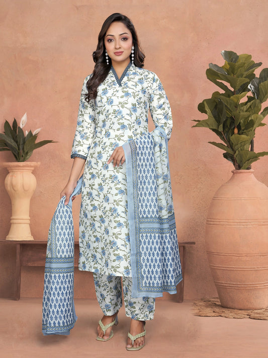 Blue Floral Design Cotton Blend Kurta Set - Rheycart