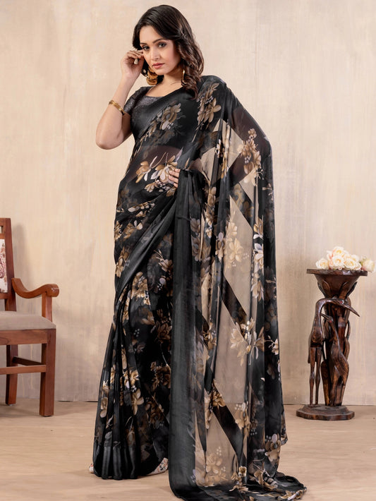 Floral Printed Grey Georgatte Bollywood Saree
