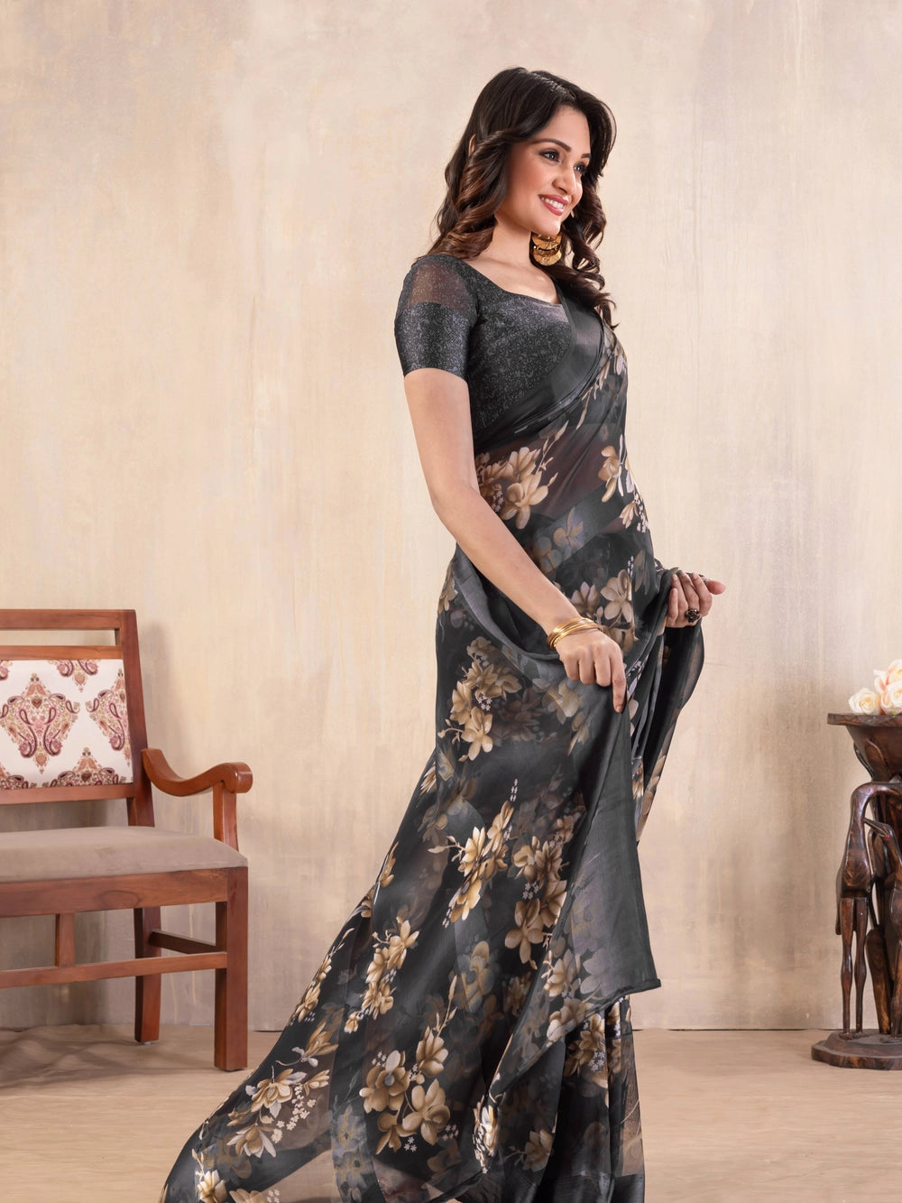 Floral Printed Grey Georgatte Bollywood Saree