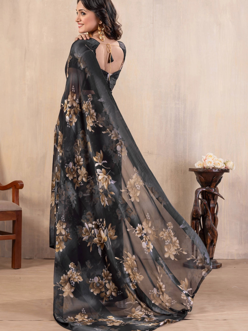 Floral Printed Grey Georgatte Bollywood Saree