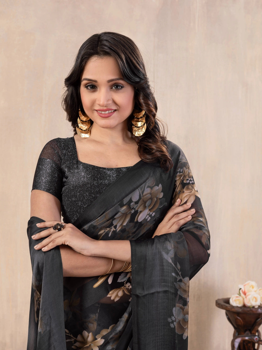 Floral Printed Grey Georgatte Bollywood Saree