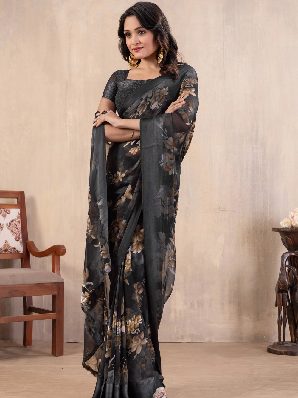 Floral Printed Grey Georgatte Bollywood Saree