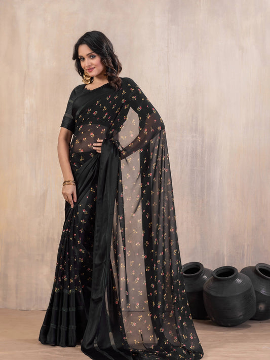 Floral Printed Black Georgatte Bollywood Saree
