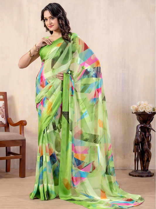 Geometric Printed Parrot Green Georgette Bollywood Saree