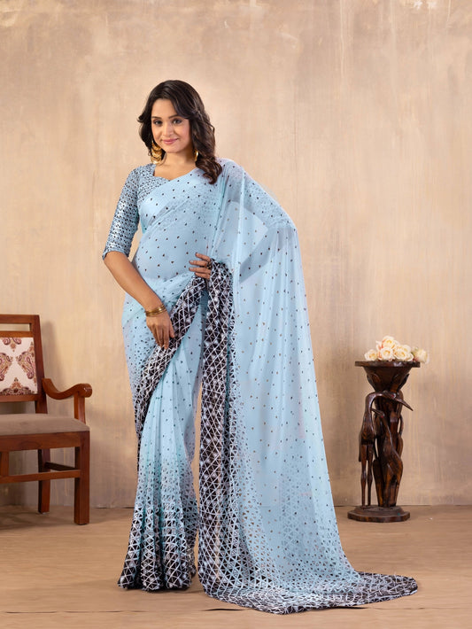 Triangle Printed Sky Blue Georgette Bollywood Saree