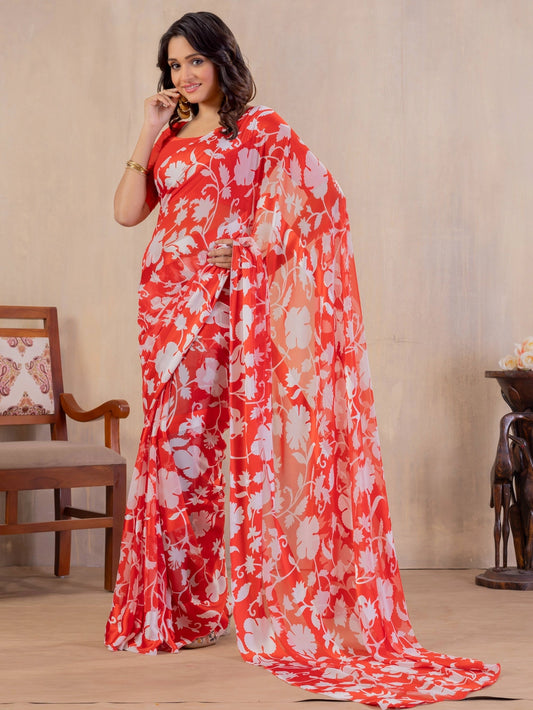 Floral Printed Orange Georgette Bollywood Saree