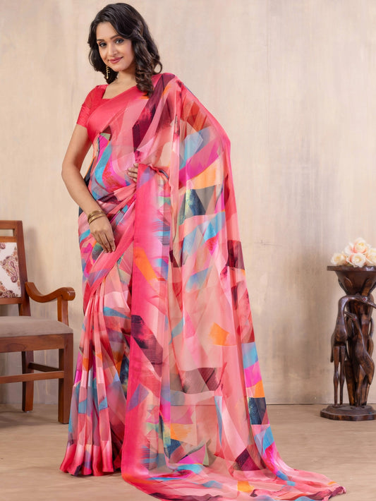 Pink Geometric Printed Georgette Bollywood Saree